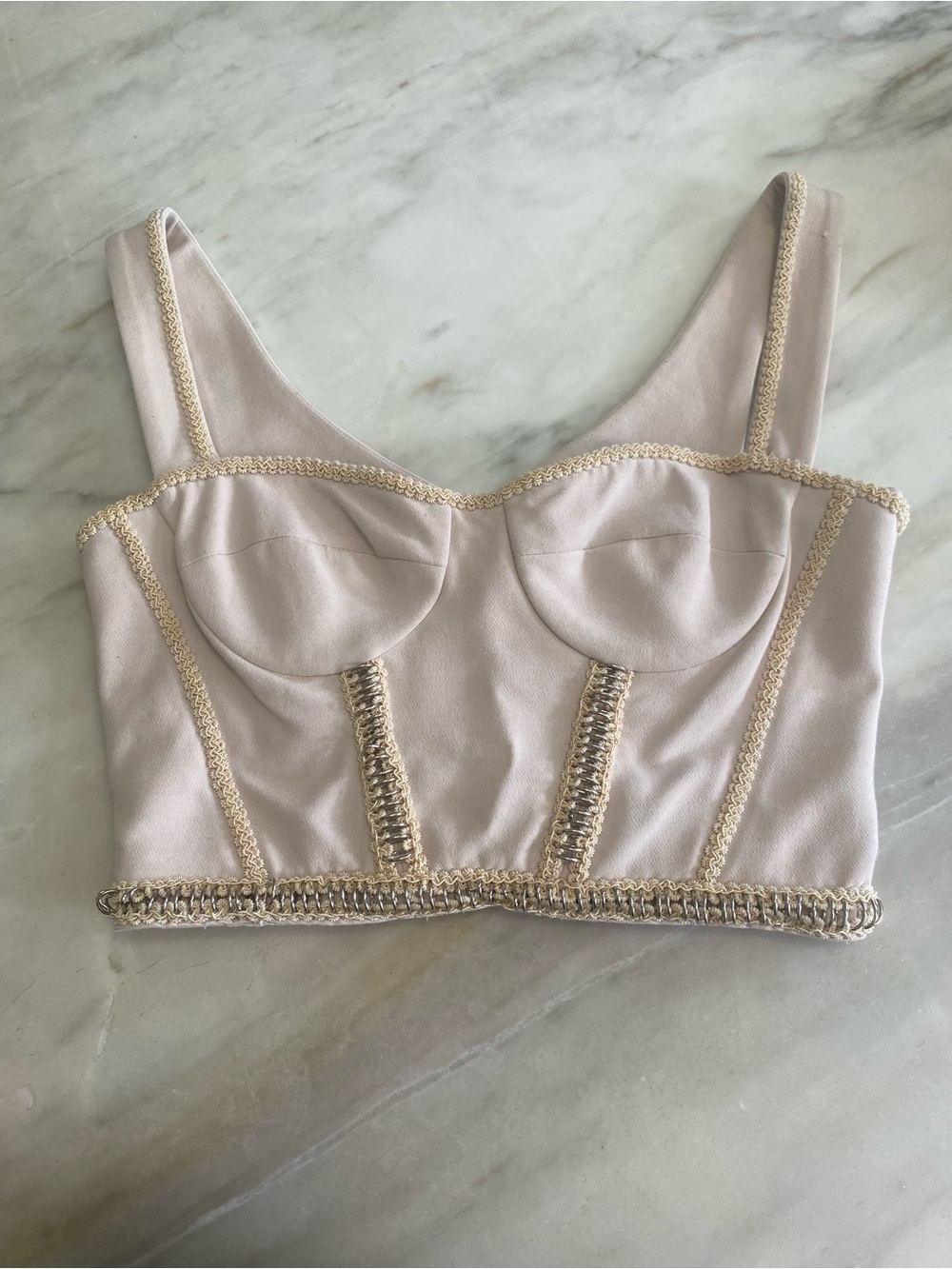 jonathan simkhai cream metal accent Crochet-Trim Bustier Crop Top sz 2